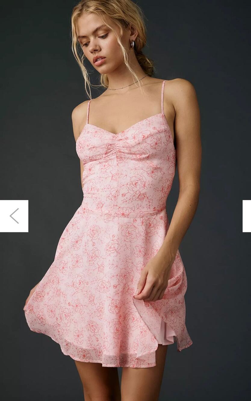 Urban Outfitters Fit-And-Flare Chiffon Mini Dress Pink Roses Large Coquette NEW
